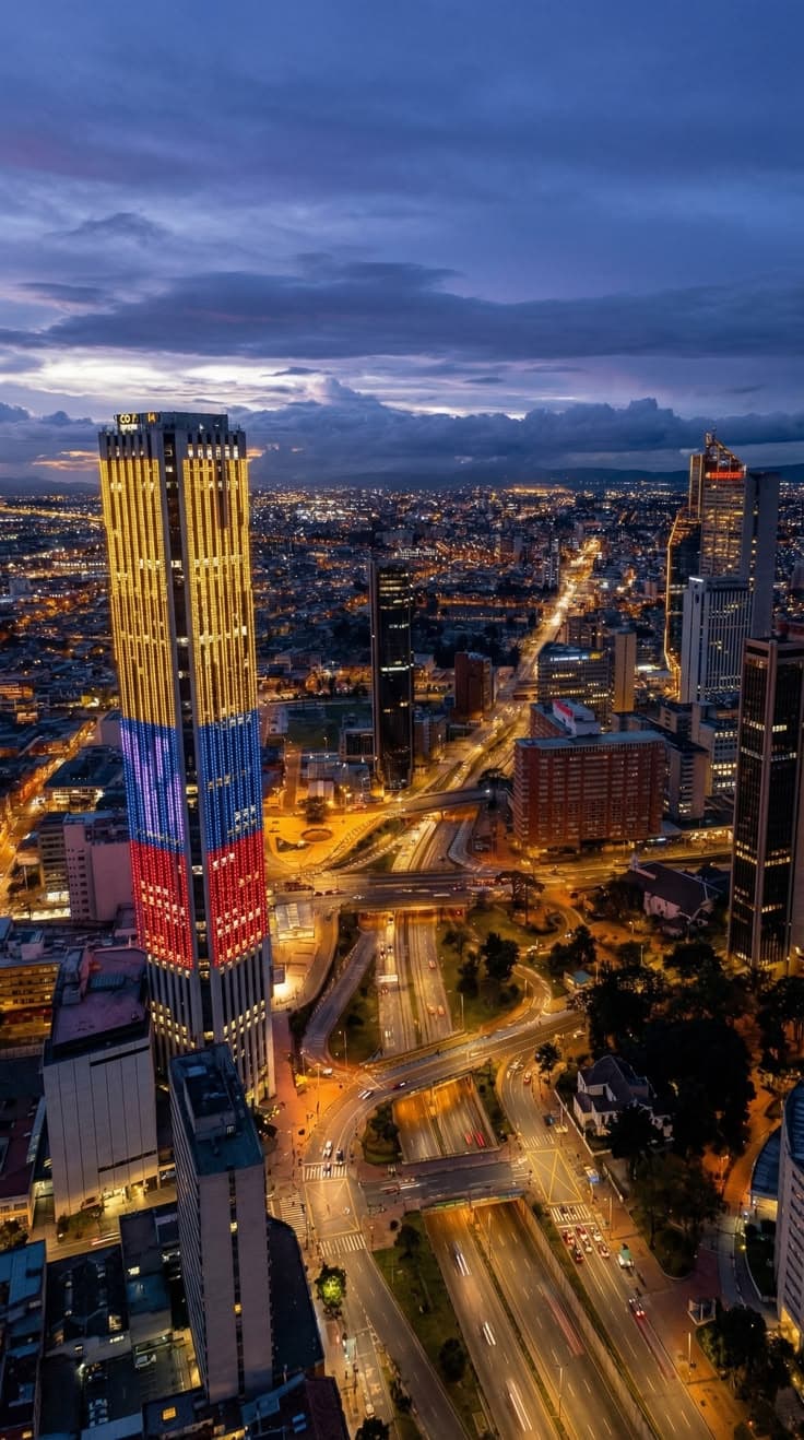 Bogotá al anochecer, con la torre Colpatria iluminada con los colores de la bandera